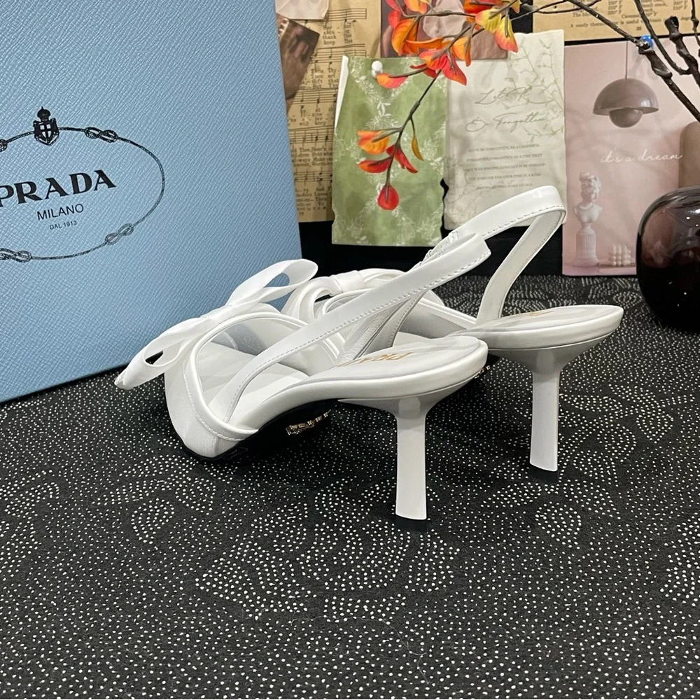 Prada White Bow Pointed Slingback Heels